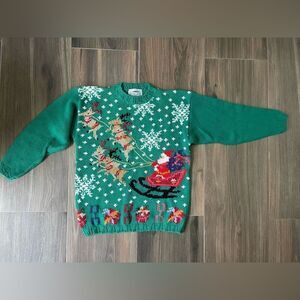 Vintage Knit cotton and ramie Green Christmas Sweater with Santa reindeer Design